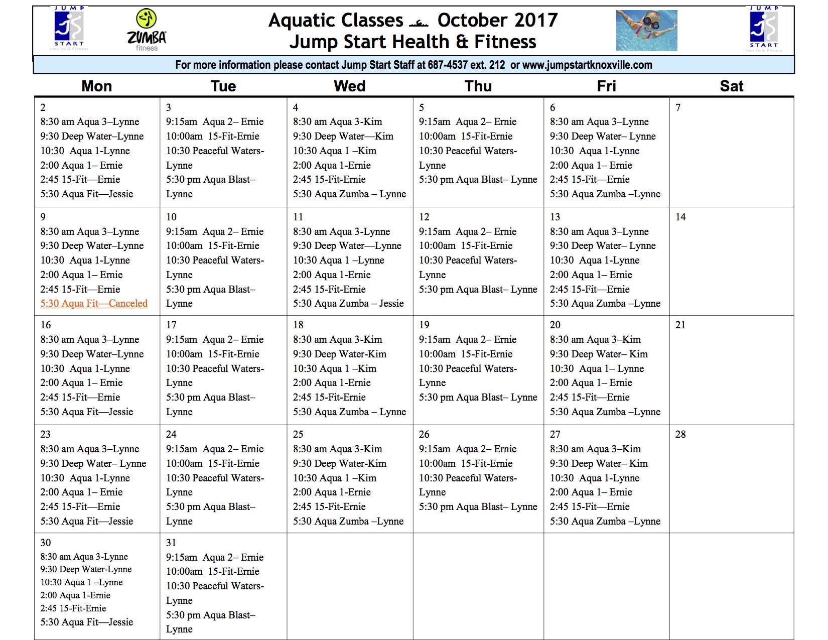 October 2017 Aquatic Class Schedule